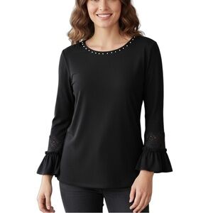 Karl Lagerfeld Long Ruffle Lace Sleeve Pearl Neckline Blouse Medium Black